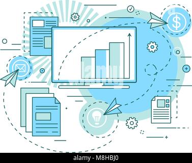 Konzept der Business Ideen, Umsatzwachstum analytics, Präsentation. Das Ergebnis der Analyse, Wertpapiere, Beteiligungen. Lineare art Stil. Vector Illustration. Stock Vektor