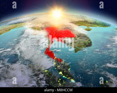 Satelliten Ansicht von Thailand in Rot hervorgehoben auf dem Planeten Erde mit Wolken bei Sonnenaufgang. 3D-Darstellung. Elemente dieses Bild von der NASA eingerichtet. Stockfoto