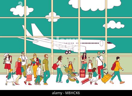 Menge reisen Leute Familie Flughafen und Flugzeug. Stock Vektor