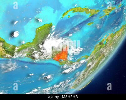 Satellitenansicht von Nicaragua in Rot hervorgehoben auf dem Planeten Erde mit Wolken. 3D-Darstellung. Elemente dieses Bild von der NASA eingerichtet. Stockfoto