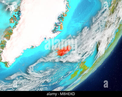 Satellitenansicht von Island in Rot hervorgehoben auf dem Planeten Erde mit Wolken. 3D-Darstellung. Elemente dieses Bild von der NASA eingerichtet. Stockfoto