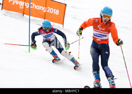 PyeongChang 18. März. Slalom der Frauen. Mannschaft GB-FITZPATRICK Menna, Guide: KEHOE Jennifer Credit: Marco Ciccolella/Alamy leben Nachrichten Stockfoto