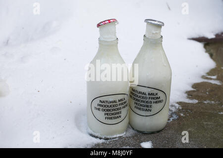 Zwei Flaschen Milch mit einem Zoll gefrorene Milch Projektion von oben. Die Milch Flaschen werden auf einer Türschwelle im Dorf Dobcross, Saddleworth, Großbritannien Stockfoto