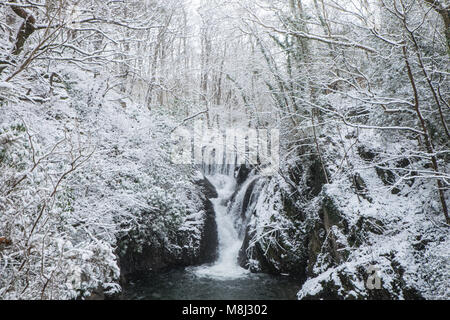 UK Wetter: Schnee am Ofen, Ceredigion, Wales, Großbritannien Aus dem Osten 2 Tier, bringt Schnee auf die ländliche Landschaft Weiler des Ofens. Mit der malerischen (Afon), Fluss Einion, mit Wales Coast Path auf ihre Ufer Credit: Paul Quayle/Alamy leben Nachrichten Stockfoto