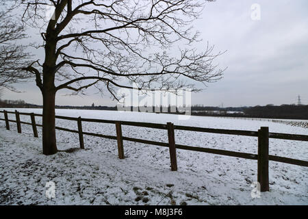 Horton Country Park, Epsom, Surrey, England. 18. März 2018. Eine übernachtung Schneedecke bei Horton Country Park, Epsom, auf einem anderen kalten Tag mit einem kalten Wind und die Temperatur fühlen wie minus sechs Grad. Credit: Julia Gavin/Alamy leben Nachrichten Stockfoto