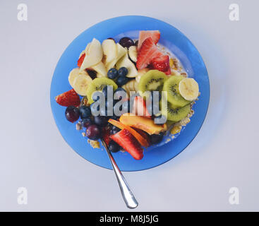 Veganes Müsli mit Kokosmilch, Heidelbeeren, Kiwi, Erdbeeren, Bananen, Nektarinen, Birnen und Hafer auf blauem Teller gemacht Stockfoto