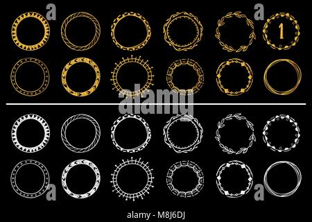 Sammlung von goldenen und weißen Hand gezeichnet runden Rahmen. Vektor einrichten 1. Stock Vektor