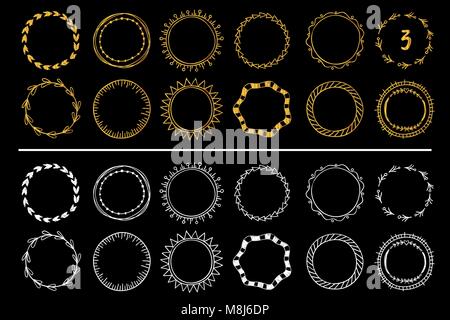 Sammlung von goldenen und weißen Hand gezeichnet runden Rahmen. Vektor 3 Stock Vektor