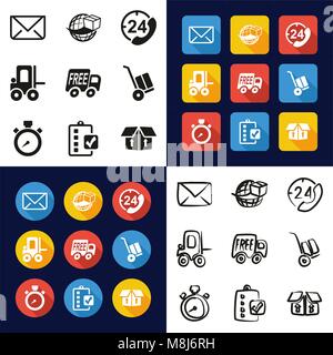 Lieferung oder Versand alle in einem Symbole Schwarzweiß Farbe flaches Design Freehand eingestellt Stock Vektor