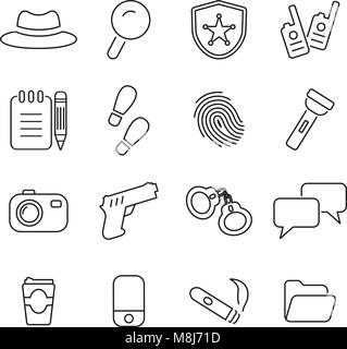 Detektiv oder Private Investigator Symbole dünne Linie Vektor Abbildung Stock Vektor