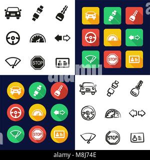 Fahrschule All-in-One Symbole Schwarzweiß Farbe flaches Design Freehand eingestellt Stock Vektor