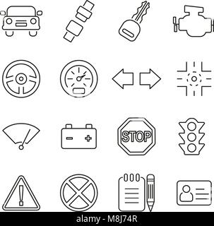 Fahrschule oder Treiber Test Symbole dünne Linie Vektor Abbildung Stock Vektor