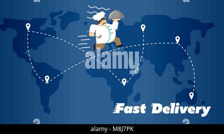 Schnelle Lieferung Banner. Koch in Uniform mit Cloche Stock Vektor