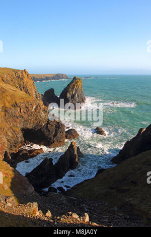 Die robuste South Cornwall Küste in der Nähe von Kynance Cove auf die Eidechse, England, zeigt spektakuläre Klippen Stockfoto