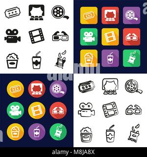 Kino All in One Symbole Schwarzweiß Farbe flaches Design Freehand eingestellt Stock Vektor