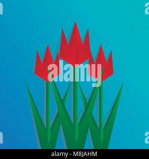 Drei Tulpen, geschnitten auf blauem Hintergrund, Collage mit Schatten, Gruß post card Template Stock Vektor