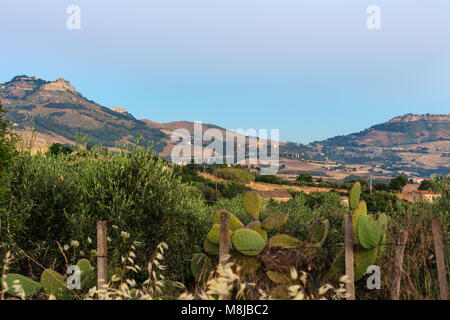 Am frühen Morgen Sommer Landschaft Siziliens Bergblick von der Autobahn parken, Sizilien, Italien Stockfoto