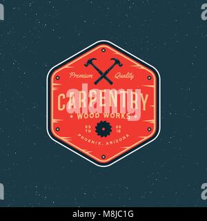 Vintage Zimmerei Logo. im Retrostil Holz arbeitet Emblem. Vector Illustration Stock Vektor