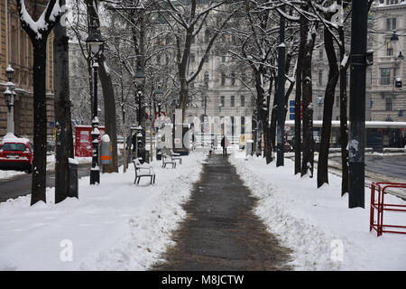 Wien, Österreich. Februar 1, 2017. Blick auf ein Fußweg nach einem riesigen schneefall und einen sehr kalten Winter Tag Stockfoto