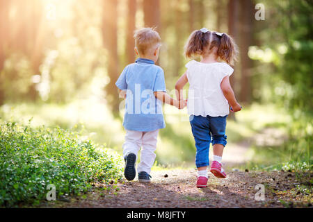 Junge und Mädchen zu Fuß in den Wald im Sommer Stockfoto