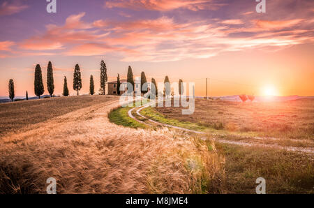 Toskanische Sonnenaufgang Landschaft mit Bauernhaus und Zypressen Stockfoto