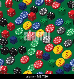 Poker Chips, Würfel und Münzen nahtlose Muster Stock Vektor