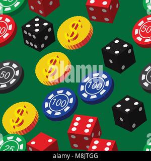 Poker Chips, Würfel und Münzen nahtlose Muster Stock Vektor