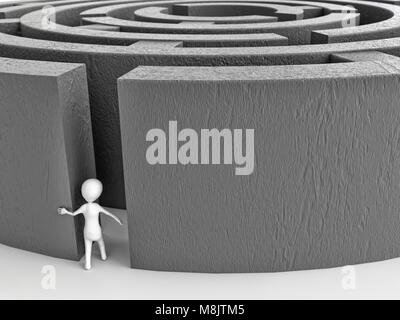 3D-Rendering von weißem Stick Mann Eingabe große graue Betonwand Labyrinth Stockfoto