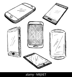 Verschiedene Telefone Skizze, Smartphones. Vector Illustration in einer Skizze Stil. Stock Vektor