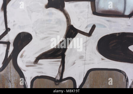 Weiß rauh Graffiti Grunge Ziegelmauer mit abstrakten Zeichnen Muster Rahmen Hintergrund oder quadratischen Textur. Elemente und Details der schäbigen alten weißen Urban B Stockfoto