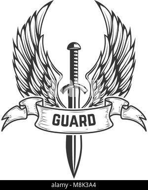 Guard. Mittelalterliche Schwert mit Flügeln. Design Element für Logo, Label, Emblem, Zeichen, Abzeichen. Vector Illustration Stock Vektor