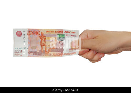 Banknoten sind im Wert von 5000 Rubel in die Hände auf weißem Hintergrund Stockfoto