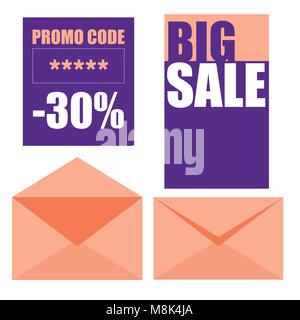 Verkauf kreative Abzeichen. Promo Code und Verkauf Karten mit Umschlägen Vektor Stock Vektor