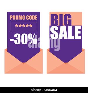 Verkauf kreative Abzeichen. Promo Code und Verkauf Karten mit Umschlägen Vektor Stock Vektor