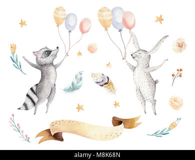 Cute springen Waschbär und Bunny Tier Abbildung für Kinder Aquarell boho Wald cartoon Geburtstag patry Kaninchen Ballons Einladung Ideal für Krankenschwester Stockfoto