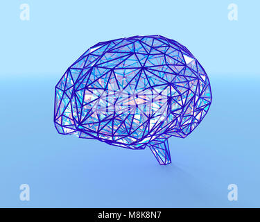 Polygonale Gehirn Form einer künstlichen Intelligenz mit Linien und leuchtenden Punkte und Schatten über den dunklen Hintergrund weiß. 3D-Rendering. Stockfoto
