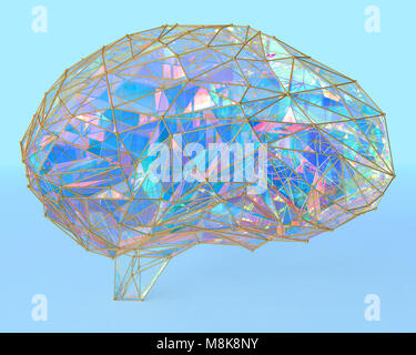 Polygonale Gehirn Form einer künstlichen Intelligenz mit Linien und leuchtenden Punkte und Schatten über den dunklen Hintergrund weiß. 3D-Rendering. Stockfoto