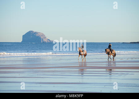 Zwei Reiter reiten ihre Pferde am Strand von North Berwick Schottland. Stockfoto
