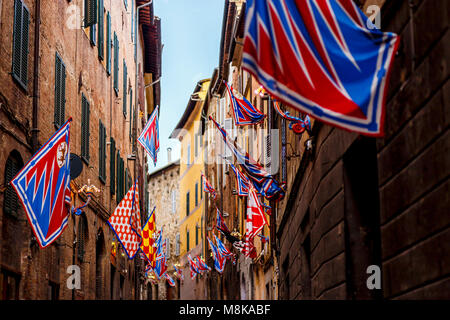 Banner Der contrads in Siena. Fest Palio. Region Toskana, Italien, Europa Stockfoto