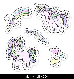 Einhorn, Regenbogen, Sterne, Zauberstab vektor Sticker Set Stock Vektor