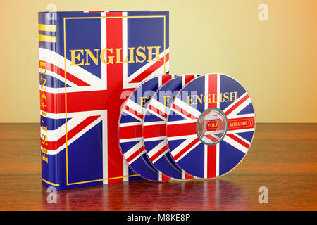 Englisch Buch mit Flagge von Großbritannien und Cds auf dem Holztisch. 3D-Rendering Stockfoto