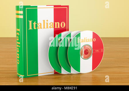 Italienische Buch mit Flagge von Italien und Cds auf dem Holztisch. 3D-Rendering Stockfoto