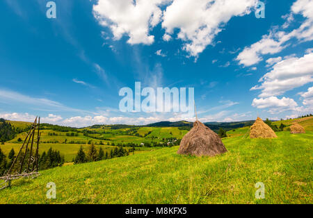 Wunderschöne Landschaft in den Bergen. Heuballen auf einem grasbewachsenen Hügel in der Nähe der Wald auf einem Hügel. schöne Wetter mit einigen Fluffy Clouds auf Blau Stockfoto