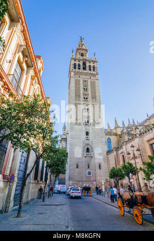 Sevilla, Andalusien, Spanien: Unesco Glockenturm Giralda ab Placentines Straße im Stadtteil Santa Cruz gesehen. Stockfoto