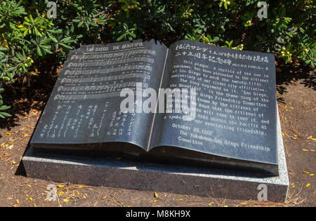 Ein Diego die Schöne "Plakette in den japanischen Freundschaft Garten, Balboa Park, San Diego, Kalifornien, USA Stockfoto