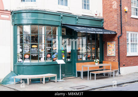 Haufen handgemachte Gourmet Wurst cafe in Greenwich Stockfoto