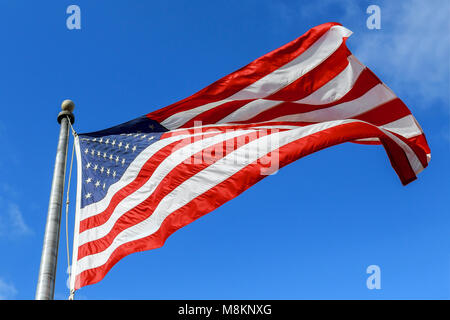 USA-Flagge schwenkten gegen den klaren, blauen Himmel am sonnigen Tag Stockfoto