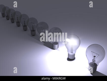 Gruppe von Glühlampen mit einer Lampe beleuchtet. Idee, Konzept. 3D-Render. Stockfoto