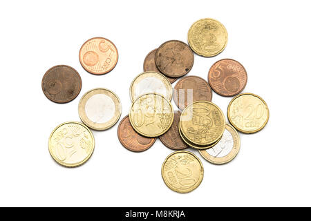 Verschiedene Euro-münzen isoliert auf weißem Hintergrund Stockfoto