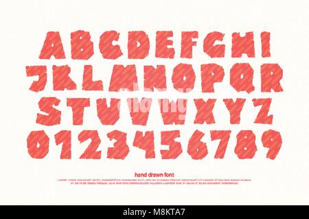 Eingestellt von Cartoon Stil, lustige Alphabet Buchstaben und Zahlen auf weissem Hintergrund. Vektor, Hand font Type Design gezeichnet. komische Schrift Schrift Stock Vektor